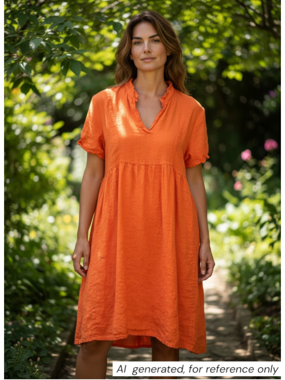 VANESSA ZANI Babydoll Linen Orange Midi Dress, Casual Summer, Sz S